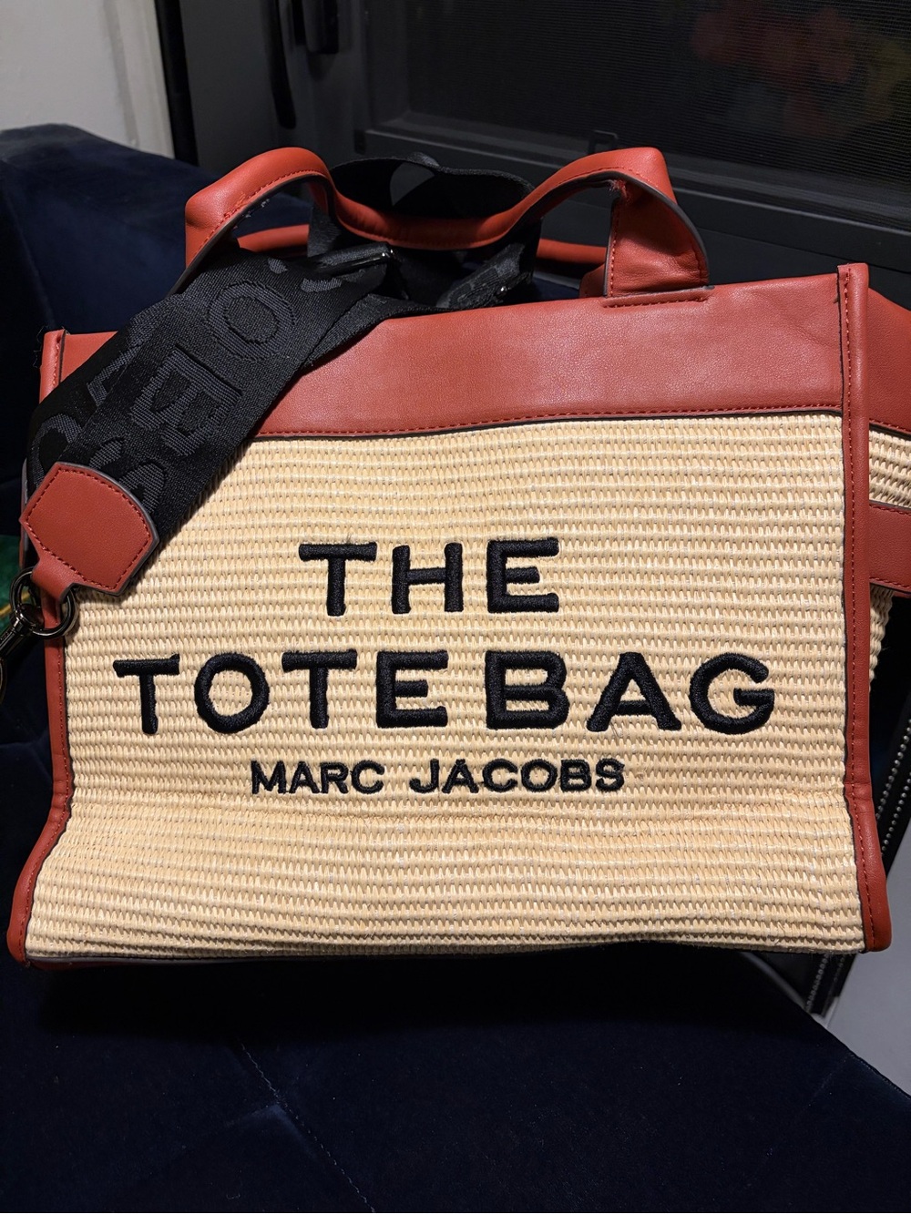 Marc Jacobs Straw Tote with Rust Leather Trim and Black Strap